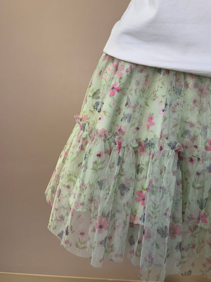 Conjunto Infantil Blusa Babados Tule e Saia Estampa Borboletinhas - Petit Cherie