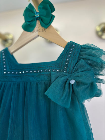 Vestido Infantil Trapézio Tule Bordado Paetê e Laço Verde - Petit Cherie