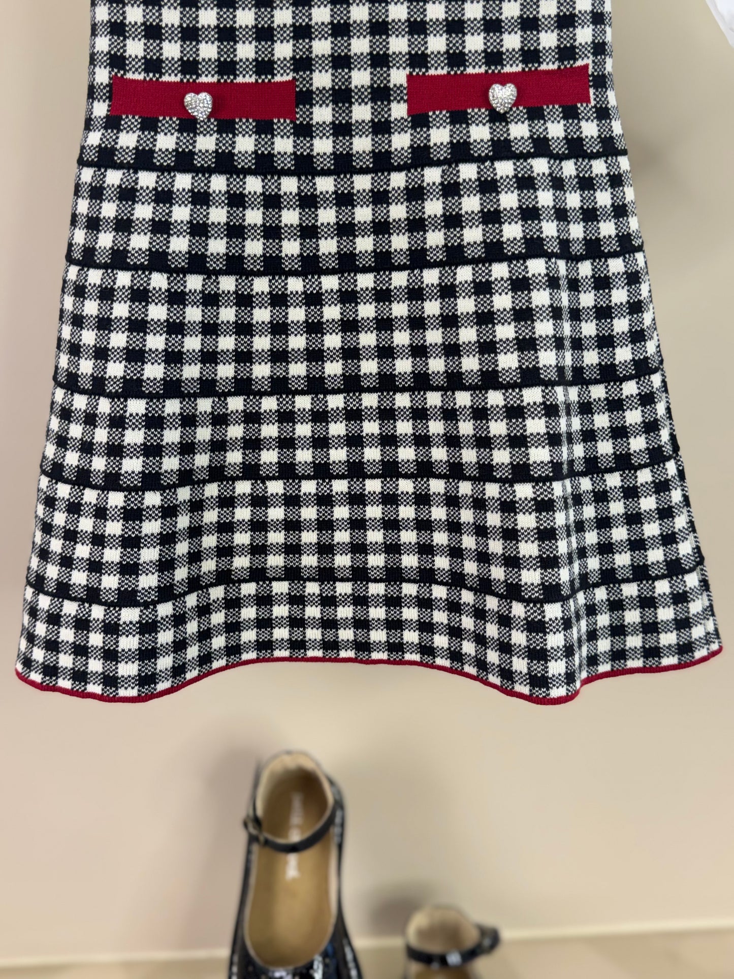 Vestido Infantil Tricot Xadrex Botão Jóia Coração Com Camisa Mini Laços Bordado Fita Veludo - Pituchinhus