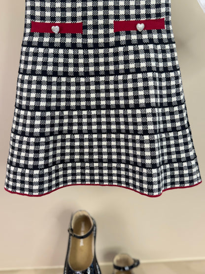 Vestido Infantil Tricot Xadrex Botão Jóia Coração Com Camisa Mini Laços Bordado Fita Veludo - Pituchinhus