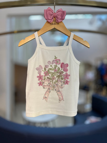 Blusa Infantil Bouquet Flores Laço Bordado - Pituchinhus
