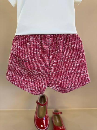 Conjunto Infantil Blusa Manga Longa Gola Laço e Shorts-saia Tweed - Momi