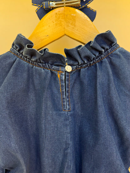 Conjunto Infantil Blusa Jeans Peplum e Shorts Couro Tech Botões - Luluzinha