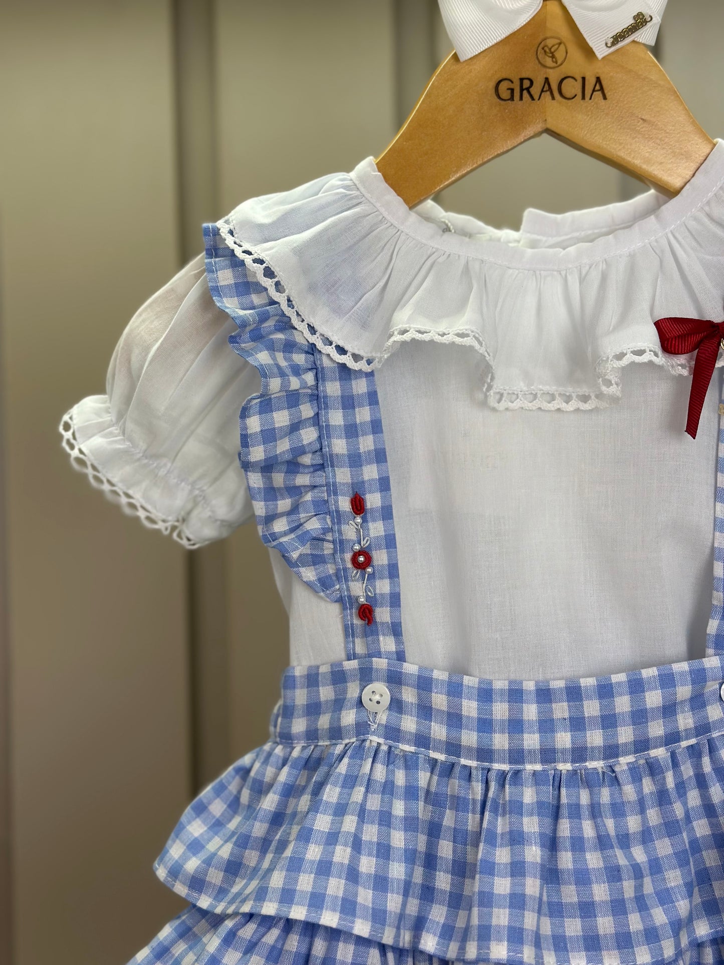 Jardineira Bebê Clássica Xadrez Azul Body Branco Golinha - Roana