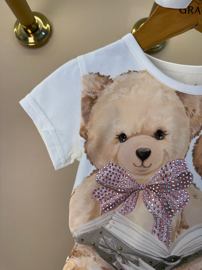 Blusa Infantil Cotton Ursinhas Laços de Cristais e Short Infantil Sarja Babados Ursinhos e Cristais - Pituchinhus