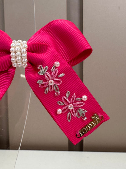 Presilha Infantil Laço Longo Pink Flores Bordadas - Roana