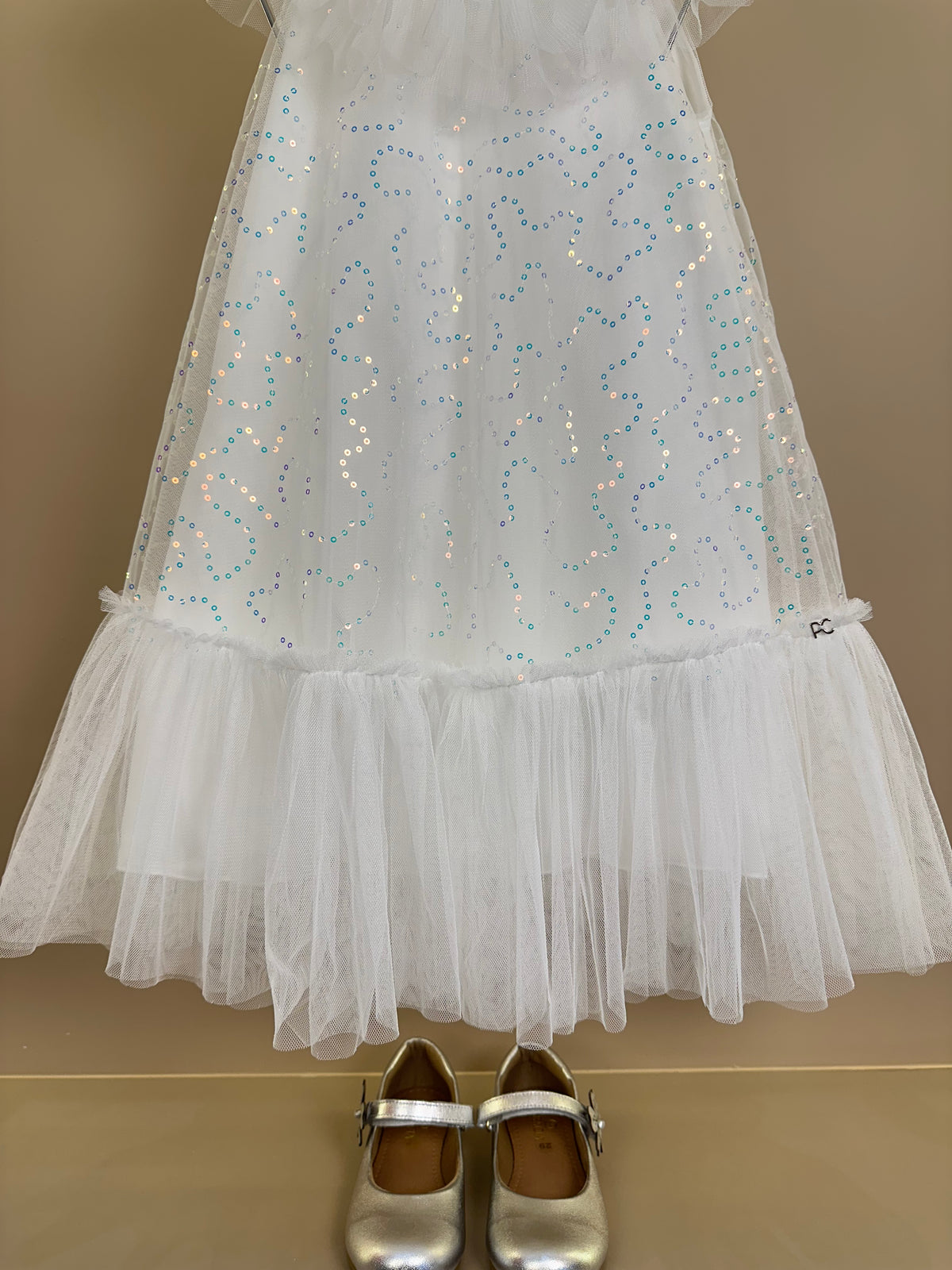 Vestido Infantil Trapézio Tule Bordado Paeté Off White - Petit Cherie