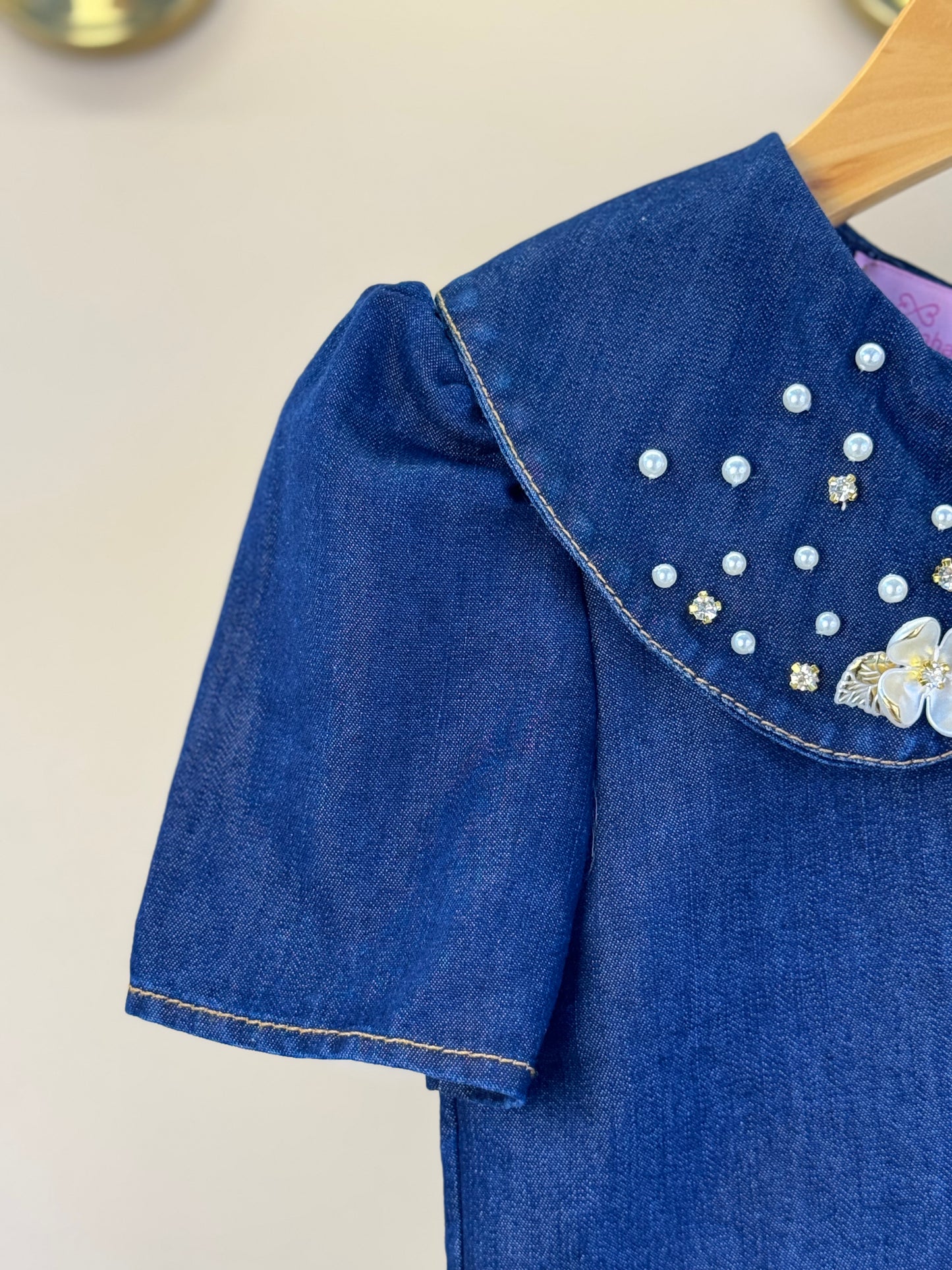 Conjunto Infantil Blusa Jeans Bordada Flores e Short Jeans Branco - Luluzinha