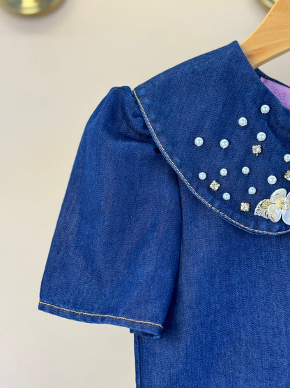 Conjunto Infantil Blusa Jeans Bordada Flores e Short Jeans Branco - Luluzinha