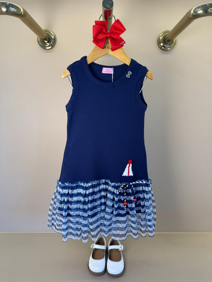 Vestido Infantil Tule Estampado Com Aplicação de Crochê e Laço de Vies - Luluzinha