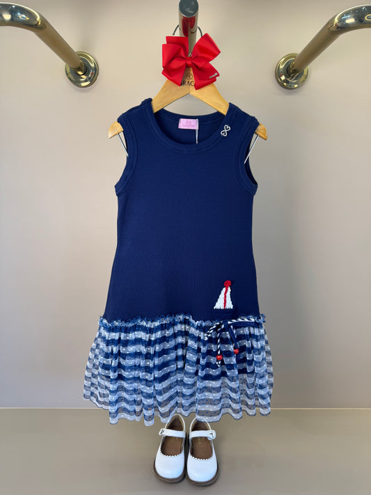 Vestido Infantil Tule Estampado Com Aplicação de Crochê e Laço de Vies - Luluzinha