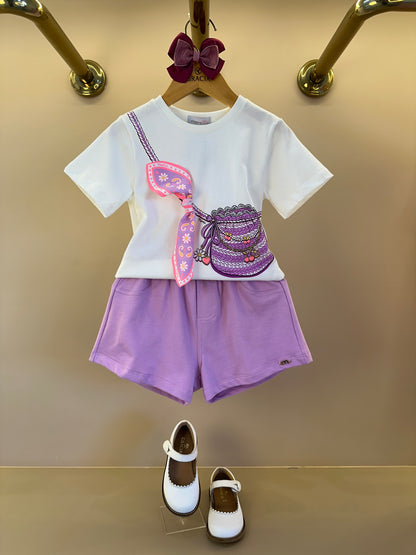 Conjunto Infantil Blusa Estampa Bolsa Transversal e Shorts Cós Elástico Franzido- Momi
