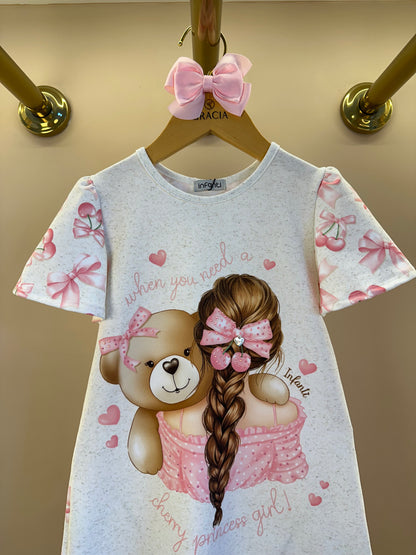 Vestido Infantil Trapézio Ursinha Laço Rosa - Infanti