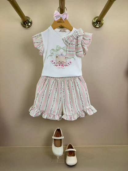 Conjunto Infantil Blusa Ursinha Laço Lateral e Shorts Linho - Petit Cherie