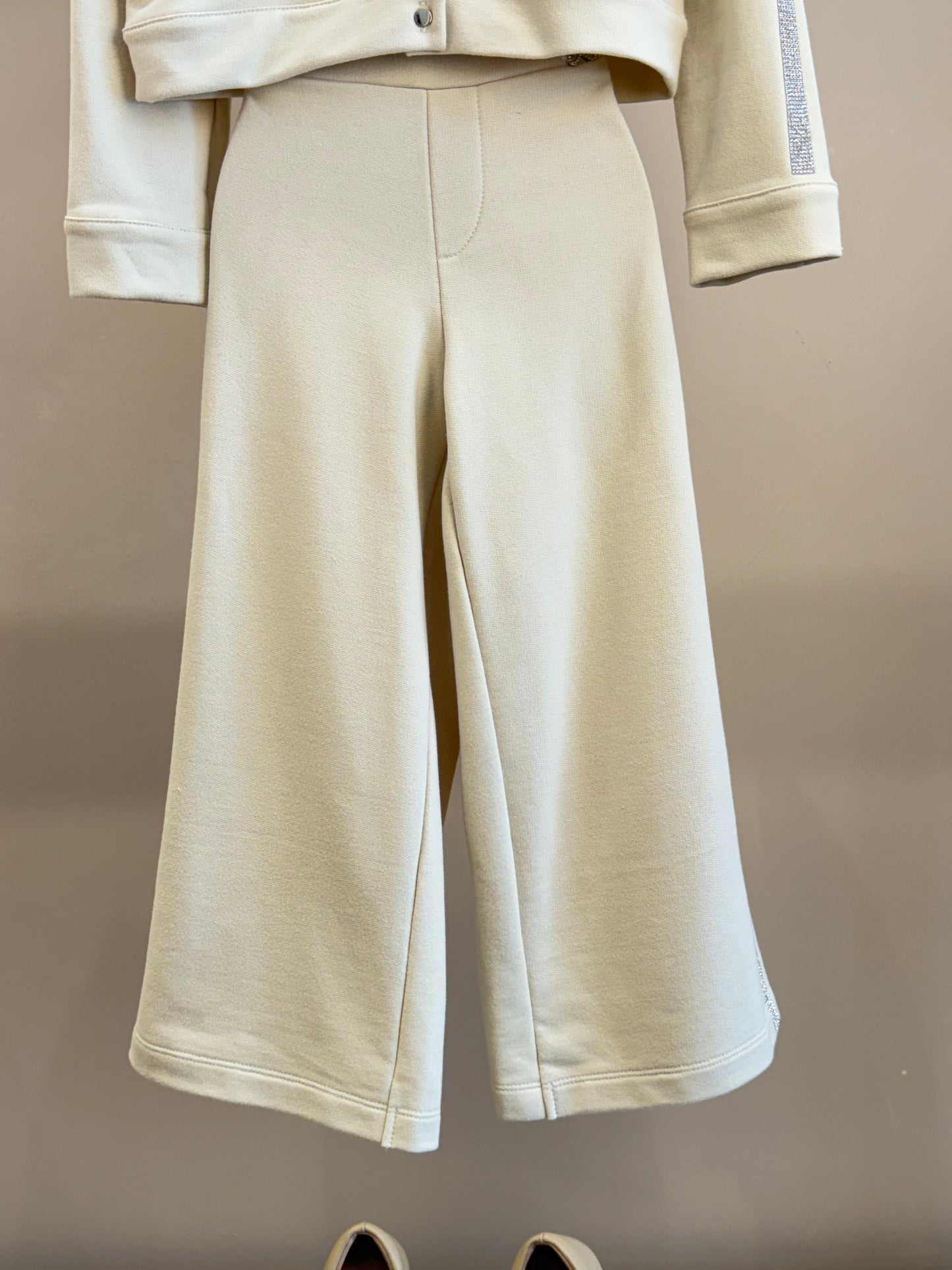 Conjunto Infantil Casaco Bege Strass e Calça Wide Leg Glitter - Luluzinha