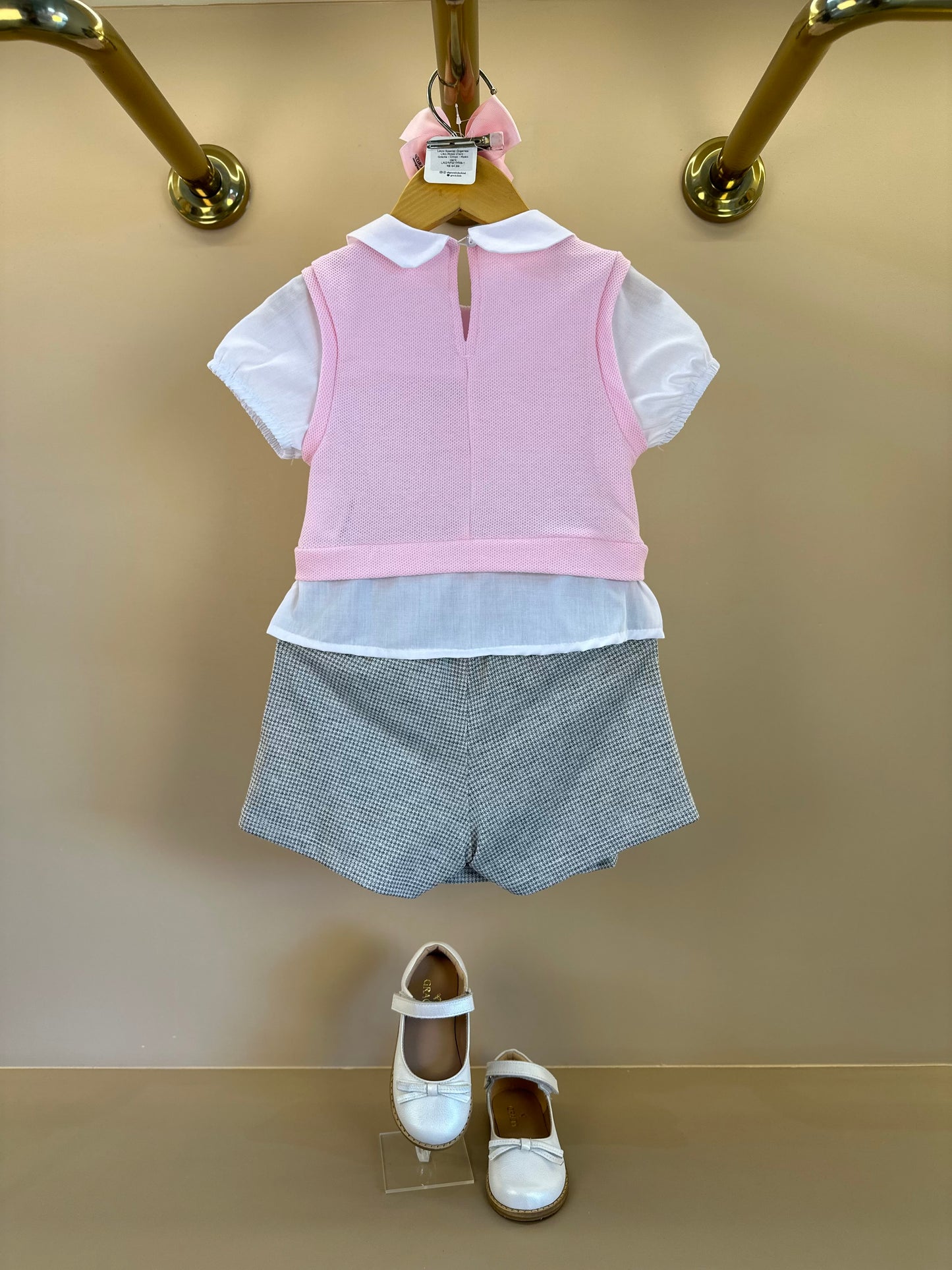 Conjunto Infantil Blusa MC com Tricot Rosa e Saia Pregas Ursinhos - Gabriela Aquarela