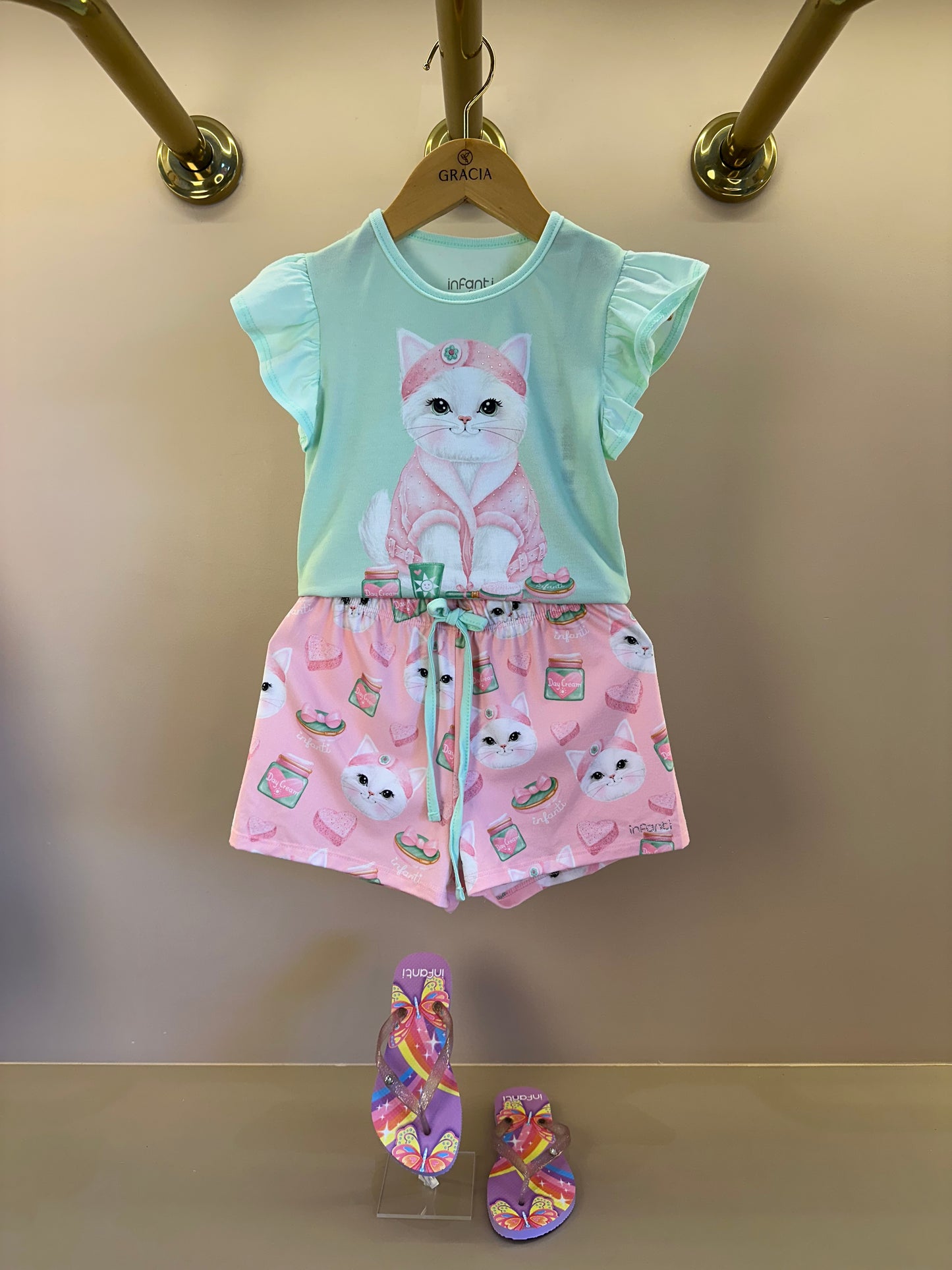 Pijama Infantil Blusa Gatinha Skin Care e Shorts Gatinha Rosa - Infanti