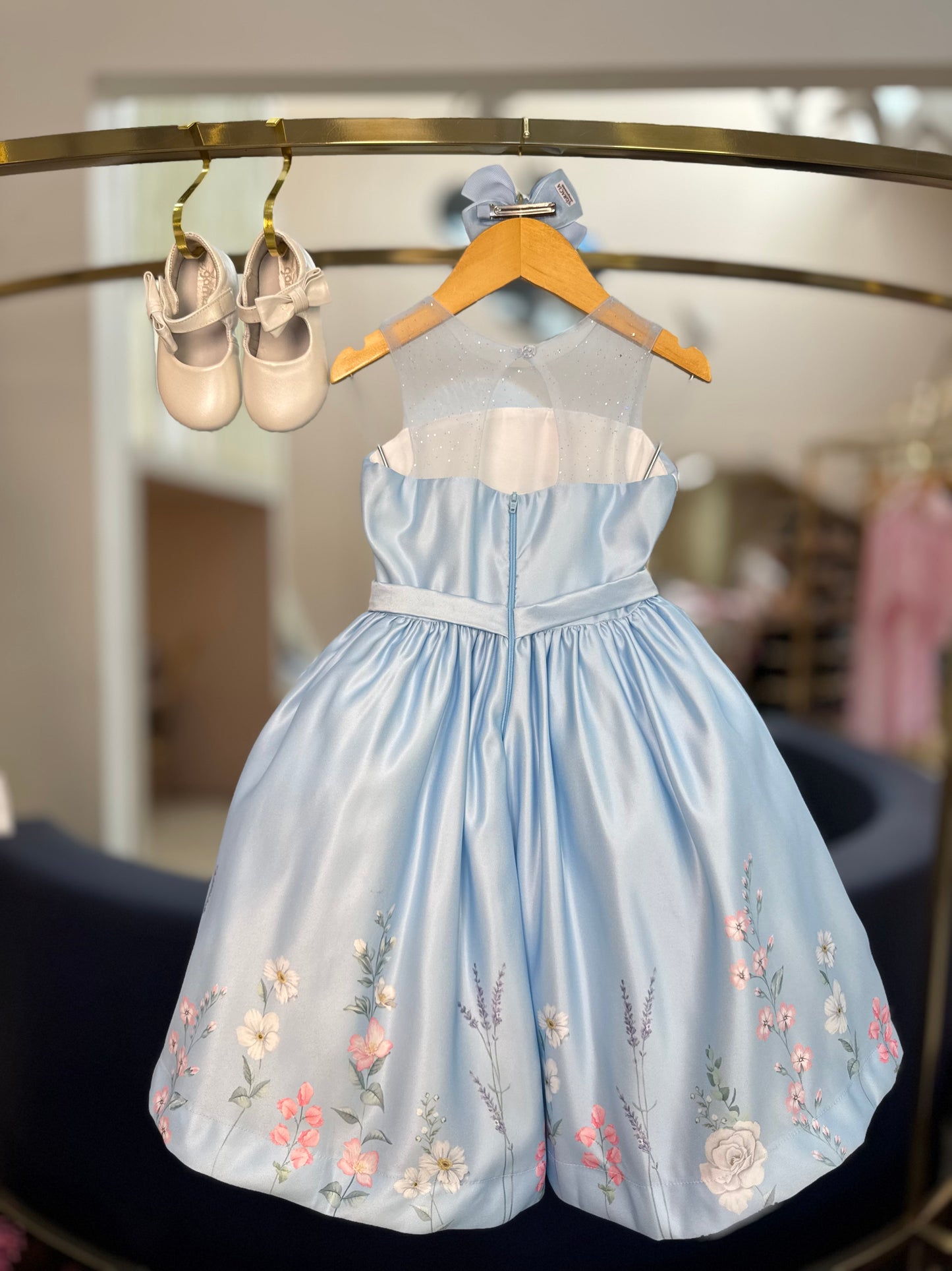 Vestido Infantil Festa Tule Azul Flores - Petit Cherie