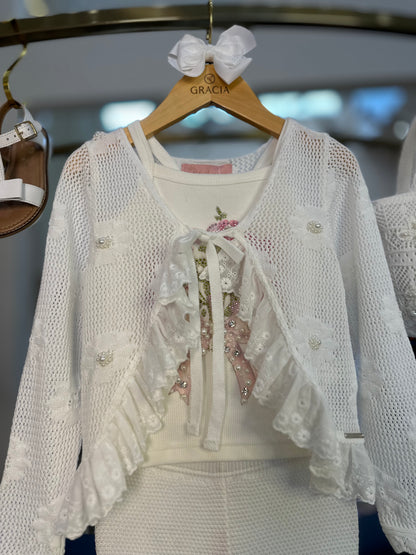 Conjunto Infantil Casaqueto e Calça Tricot Ponto Rendado Flores - Pituchinhus