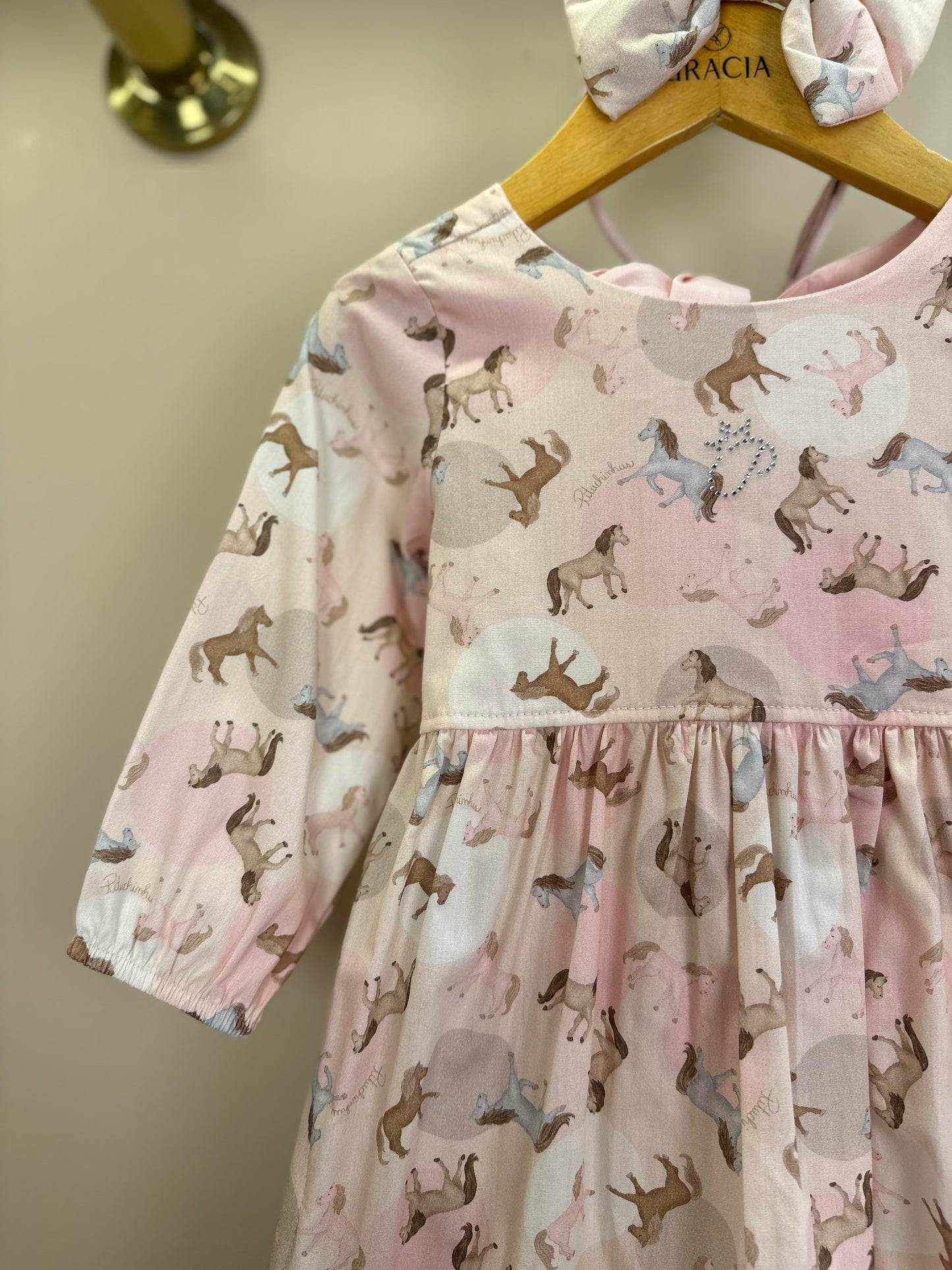 Vestido Infantil Algodão Estampa Cavalinhos e Poá Bolsos Rosa - Pituchinchus