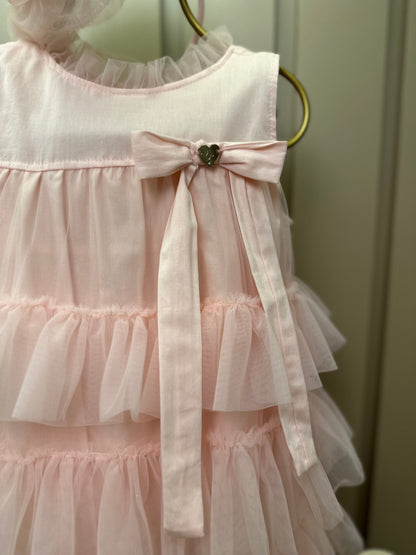 Vestido Infantil Tule Camadas Babados Laço Rosa Fada - Pituchinhus