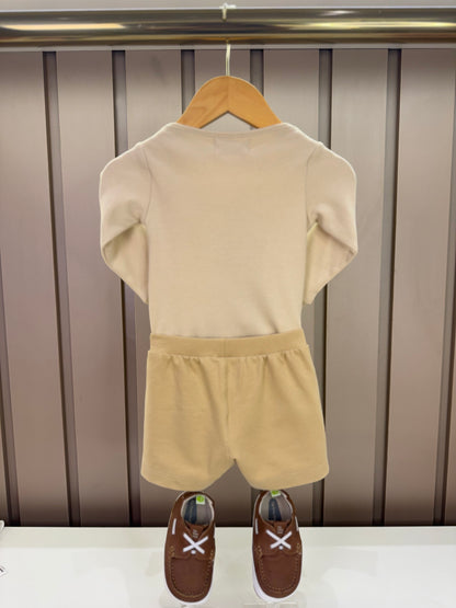 Conjunto Bebê Body Suedine Algodão ML Trio Teddy e Bermuda Moletom Algodão Bege - Dame