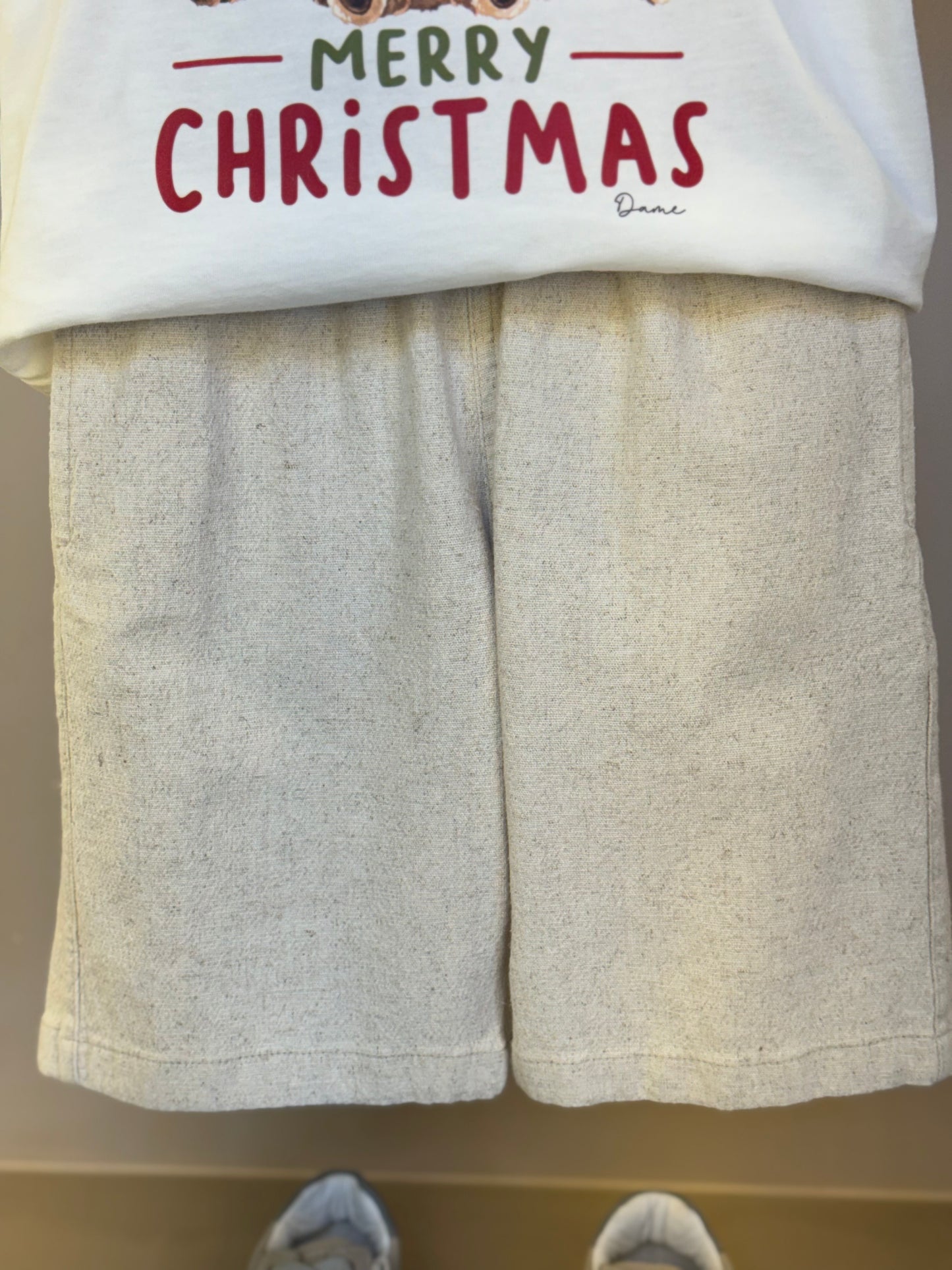 Conjunto Infantil Camiseta Algodão Teddy Natal MC e Bermuda Linho Elastano Bege - Dame