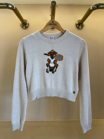 Blusa Teen Suéter Tricot Dog Tennista Bege - Two In