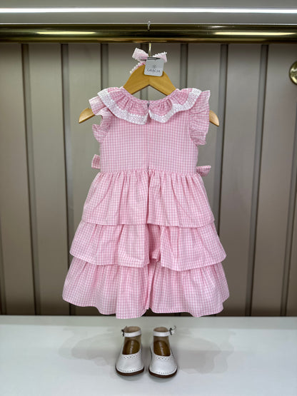 Vestido Infantil Clássico Golinha Renda Bordada Babados e Lacinhos Laterais Rosa - Roana