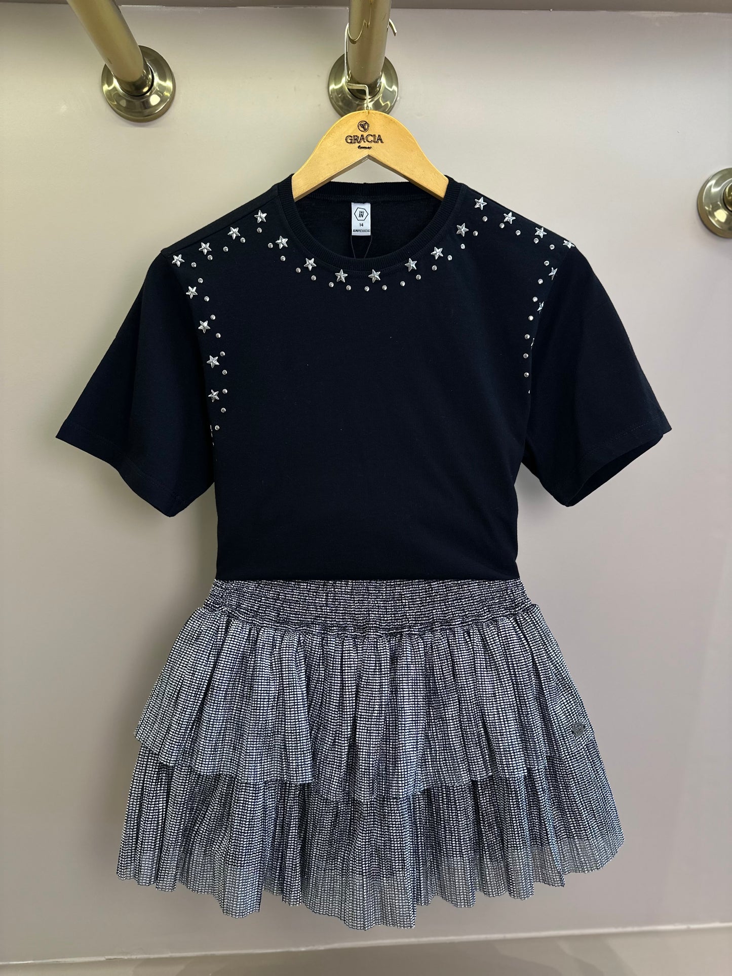 Conjunto Teen Camiseta Oversized e Saia Tule Lurex Plissada Preto - Two In