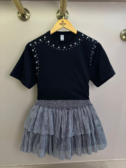 Conjunto Teen Camiseta Oversized e Saia Tule Lurex Plissada Preto - Two In