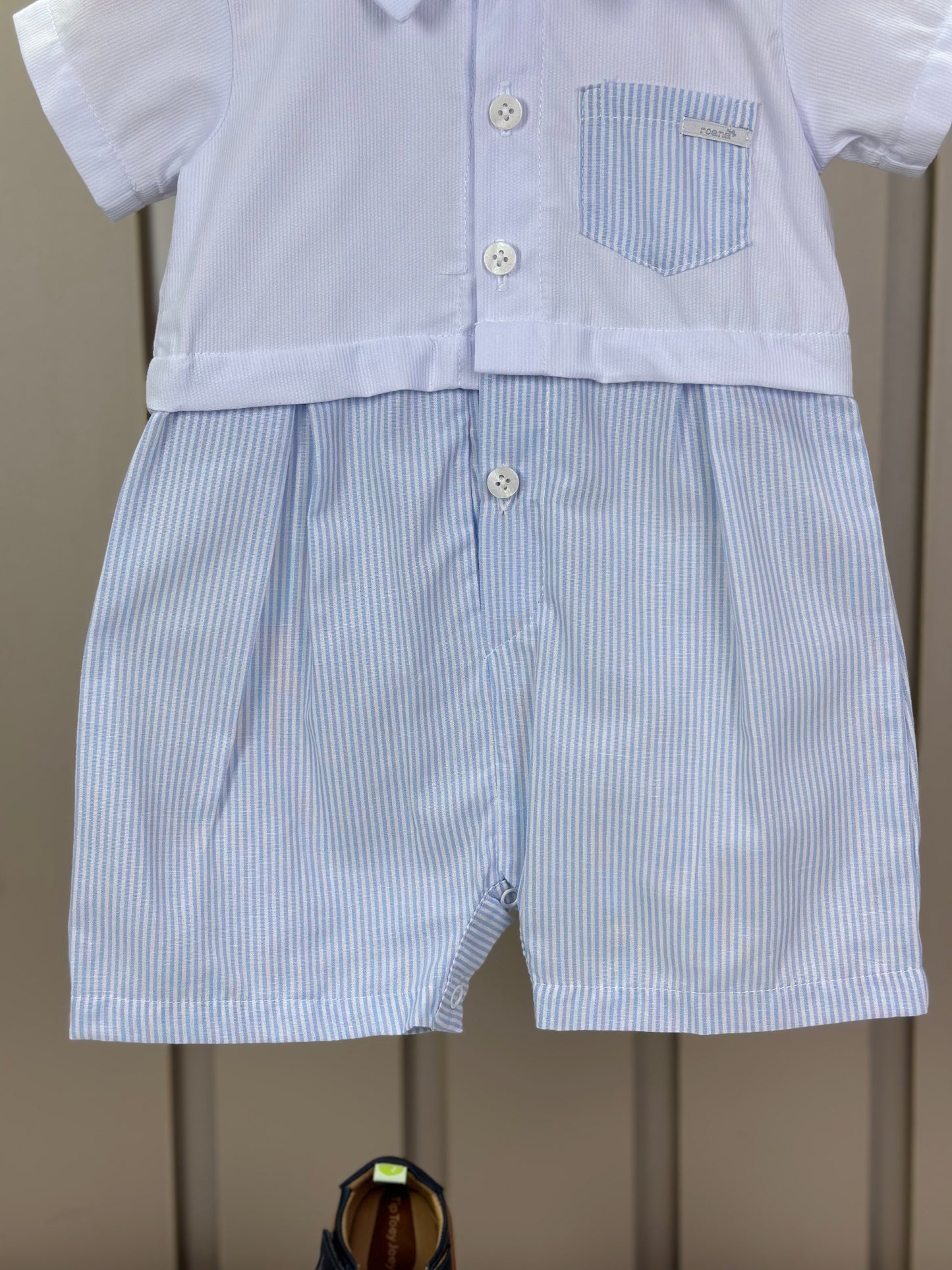 Macaquinho Bebê Botões & Bolso Branco com Listras Azul - Roana