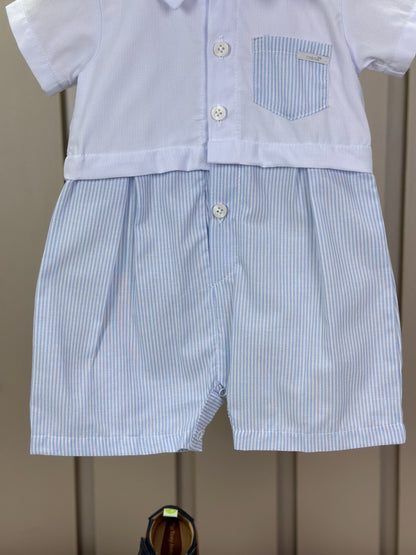 Macaquinho Bebê Botões & Bolso Branco com Listras Azul - Roana