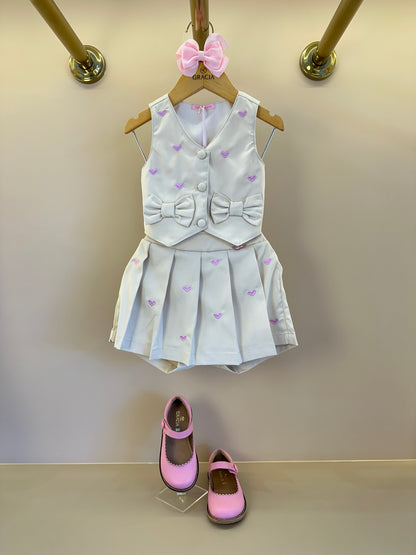 Conjunto Infantil Colete Corações Rosa  e Saia de Pregas  - Gabriela Aquarela