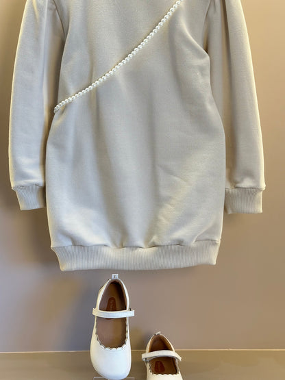 Vestido Infantil Bomber Moletom Bege  Bolsinha Ursinha Pérolas - Luluzinha