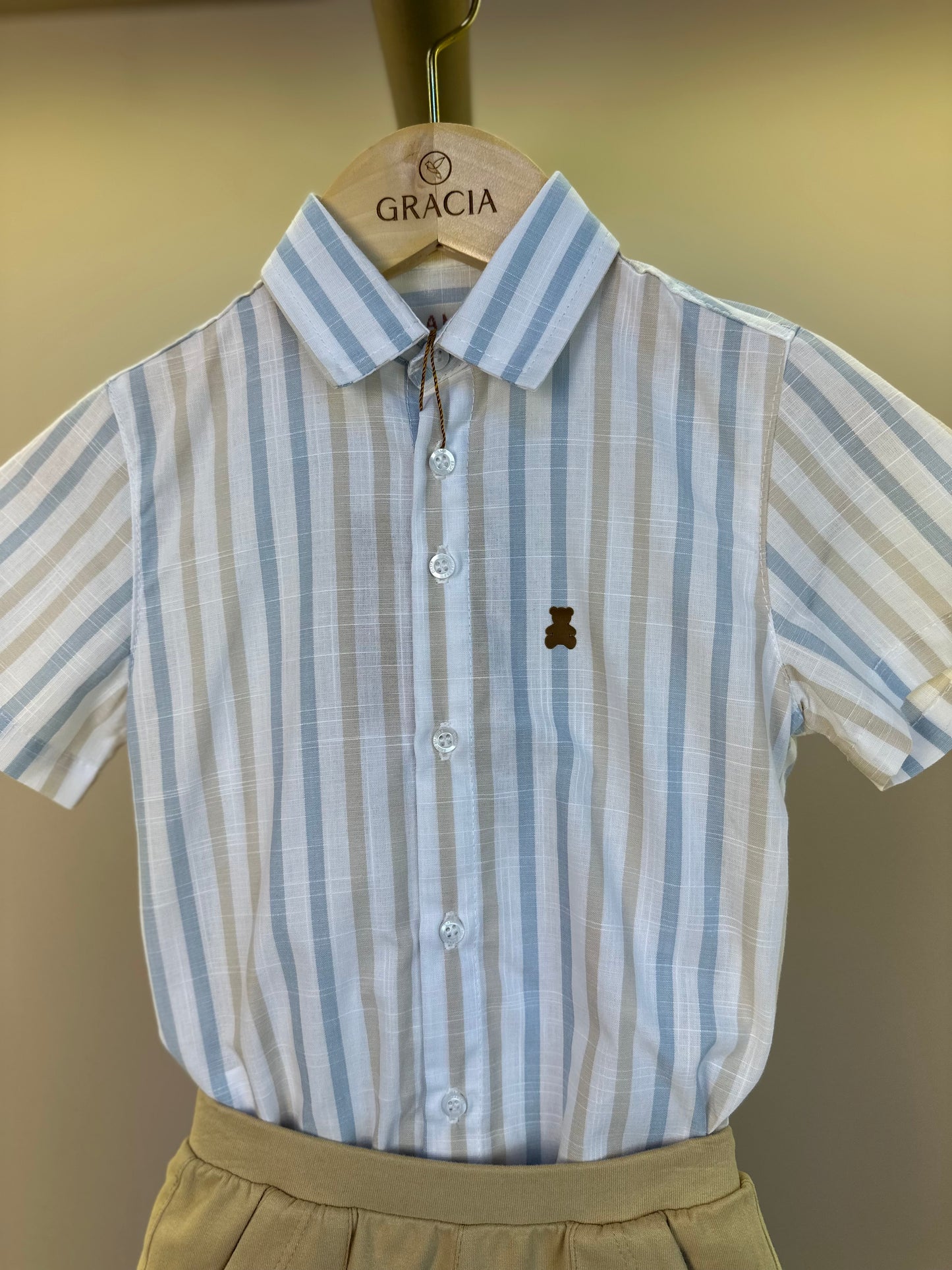 Conjunto Bebê Camisa-body Listras Azul/Amarelo e Bermuda Moletom Algodão Bege - Dame