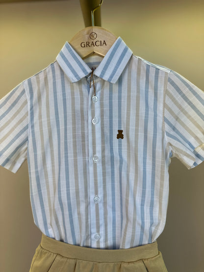 Conjunto Bebê Camisa-body Listras Azul/Amarelo e Bermuda Moletom Algodão Bege - Dame