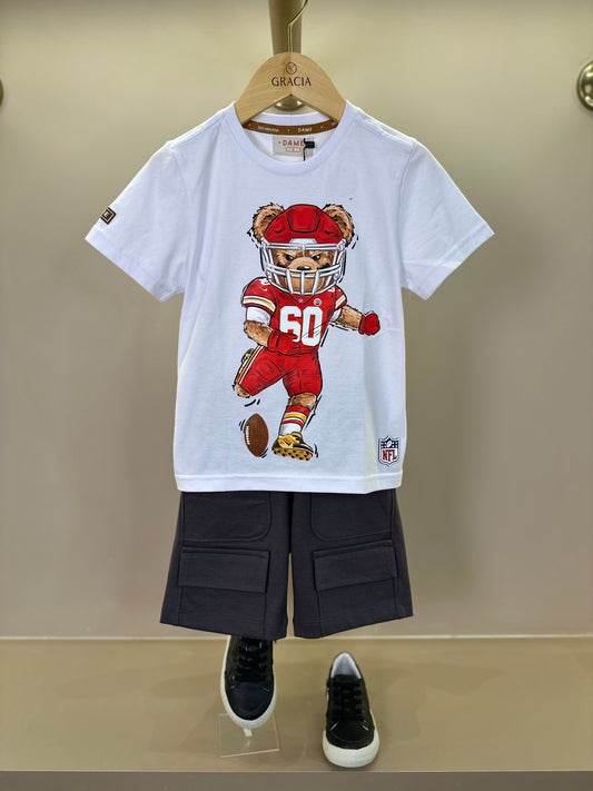 Conjunto Infantil Camiseta Algodão Teddy Kansas City Chiefs NFL e Bermuda Suedine Algodão Bolsos Grafite - Dame