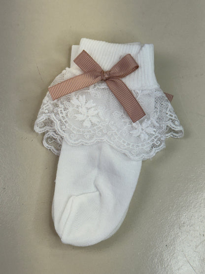 Meia Infantil Clássica Renda Lacinho Rosa Seco - Roana