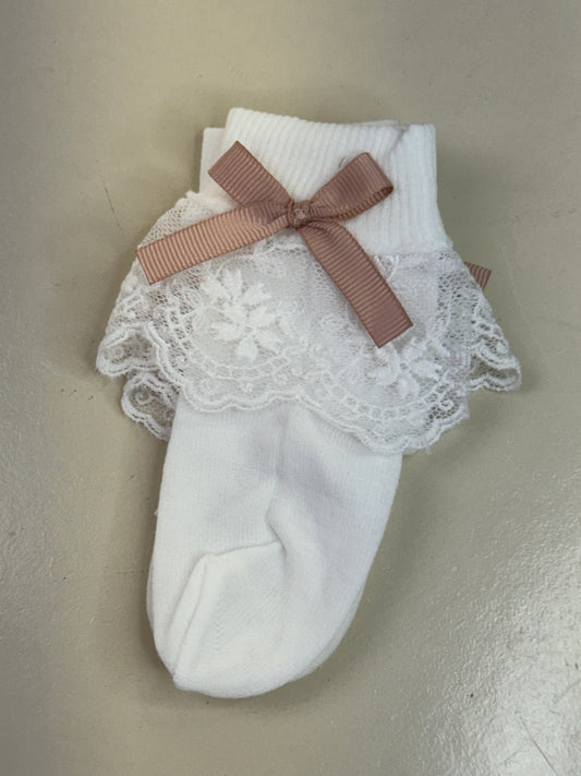 Meia Infantil Clássica Renda Lacinho Rosa Seco - Roana