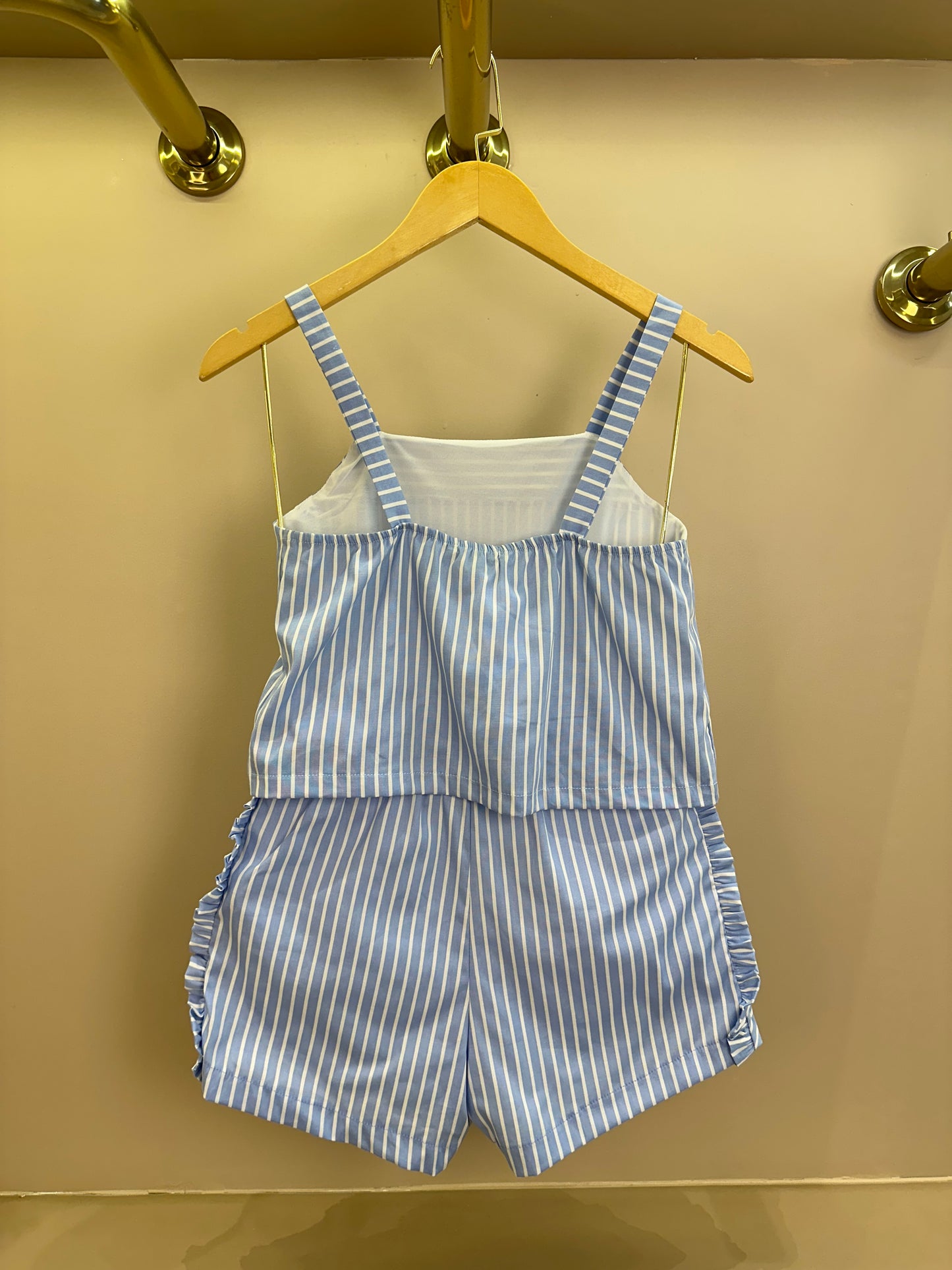 Conjunto Infantil Regata Alças Finas e Shorts Tricoline Listrado - Vanilla Cream