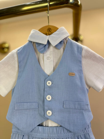 Conjunto Bebê Batizado Camisa-body e Bermuda Linho Misto Azul Claro - Um Mais Um