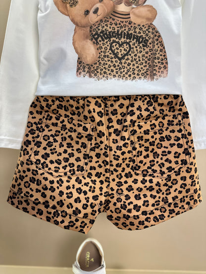 Conjunto Infantil Blusa Ursinha Love e Saia-shorts  Sarja Babadinho Oncinha - Pituchinhus