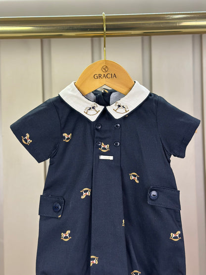 Pimpão Bebê Clássico Preto Gola Branca Bordada Cavalinho - Roana