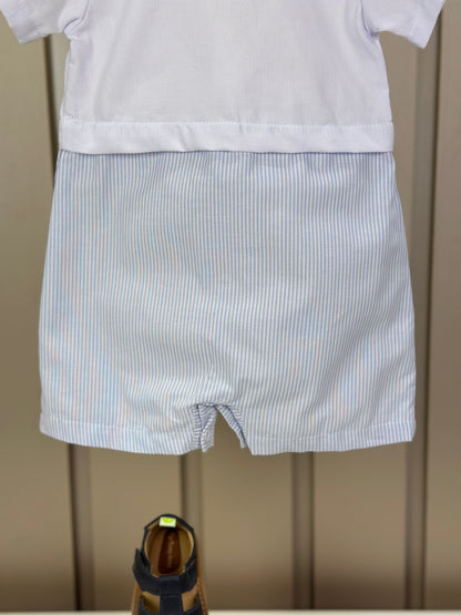 Macaquinho Bebê Botões & Bolso Branco com Listras Azul - Roana