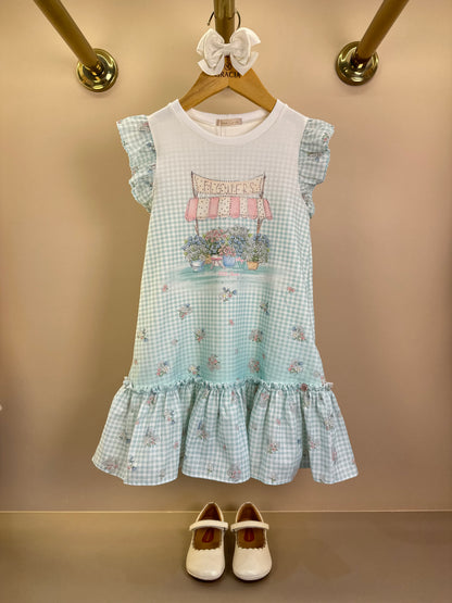 Vestido Infantil Quadriculado Azul Claro Flores e Strass - Petit Cherie
