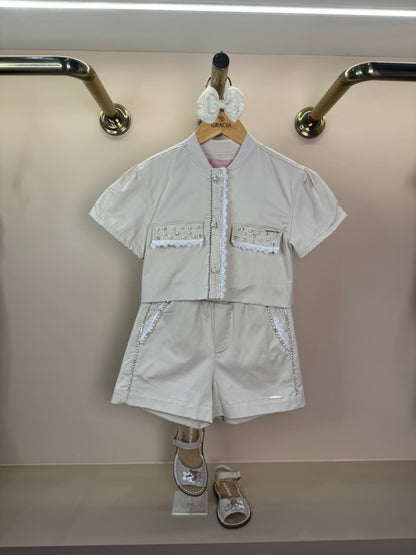 Conjunto Infantil Jaquetinha e Shorts Bordados Pérolas e Cristais - Pituchinhus