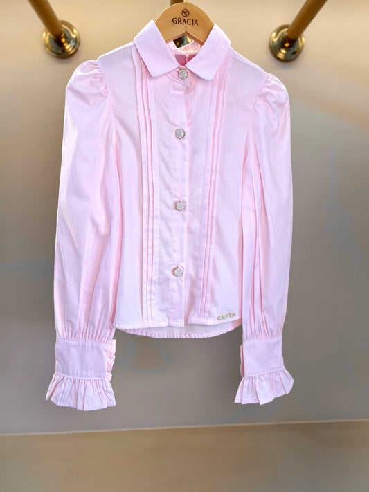 Camisa Infantil Algodão Babadinhos Punho Pregas Rosa - Luluzinha
