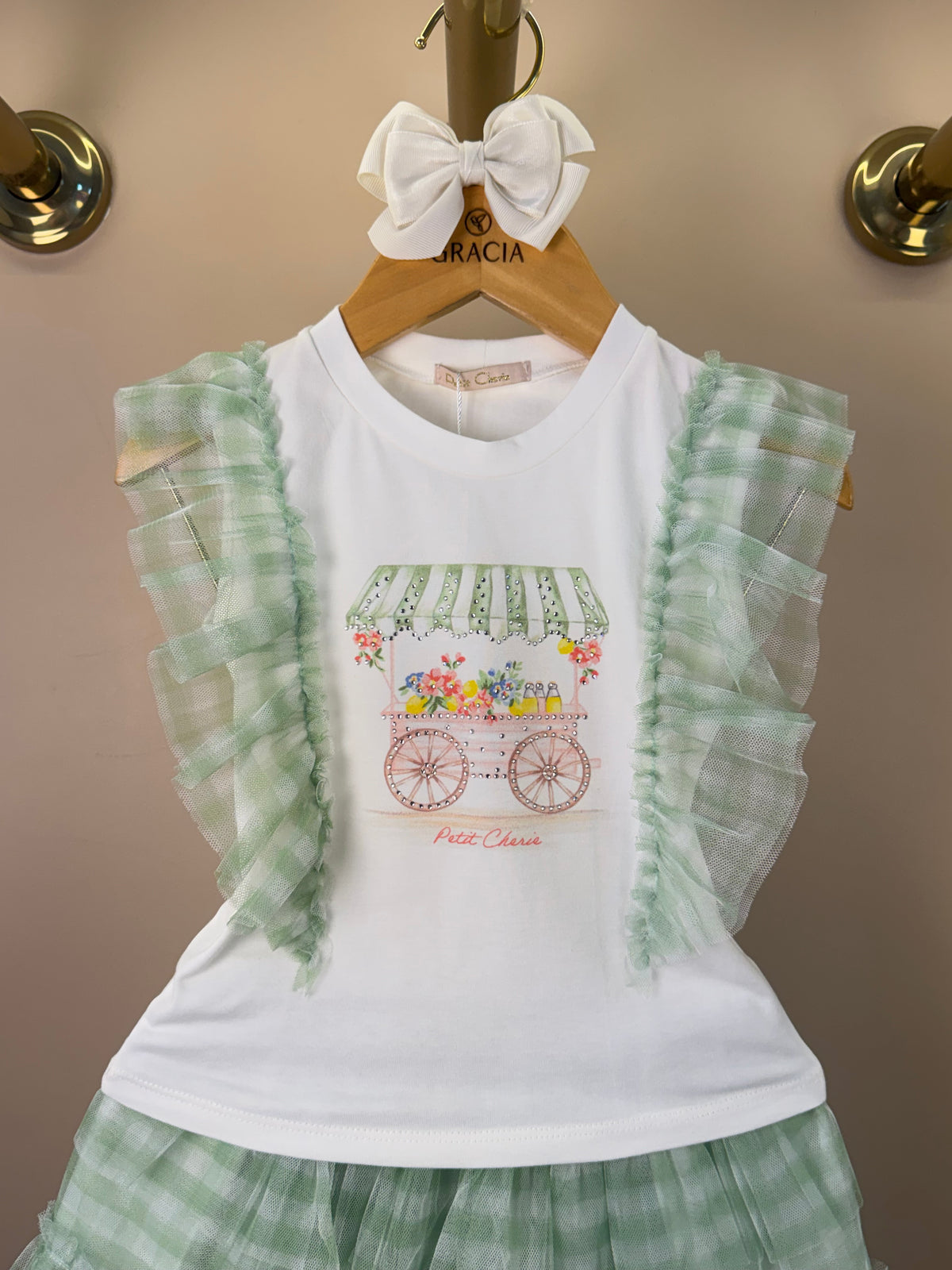 Conjunto Infantil Blusa Strass Flores e Saia Quadriculada Verde - Petit Cherie