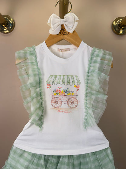 Conjunto Infantil Blusa Strass Flores e Saia Quadriculada Verde - Petit Cherie